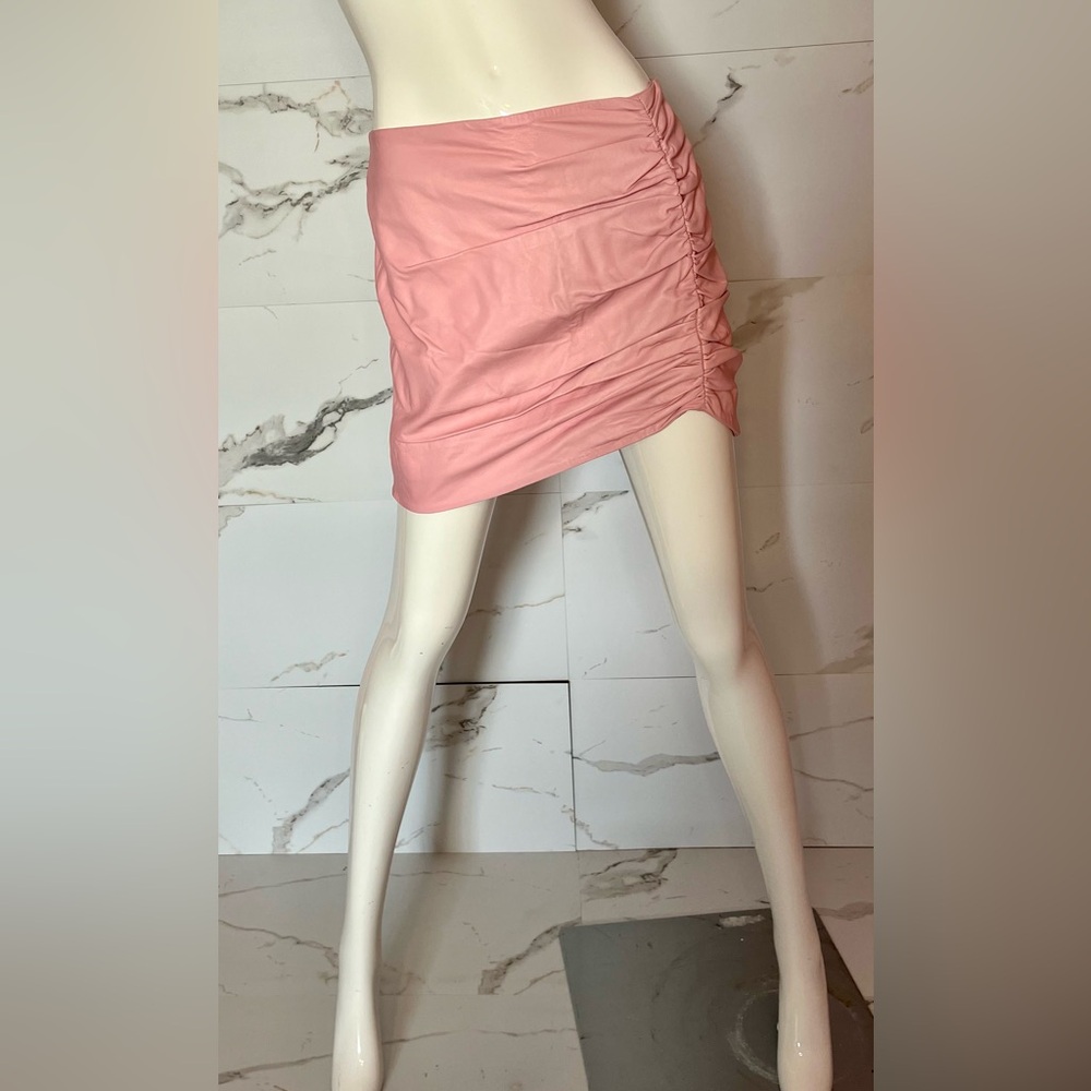 Lamarque 100% Genuine Lamb Leather Pink Ruched Mini Skirt Rear Zip Size 4